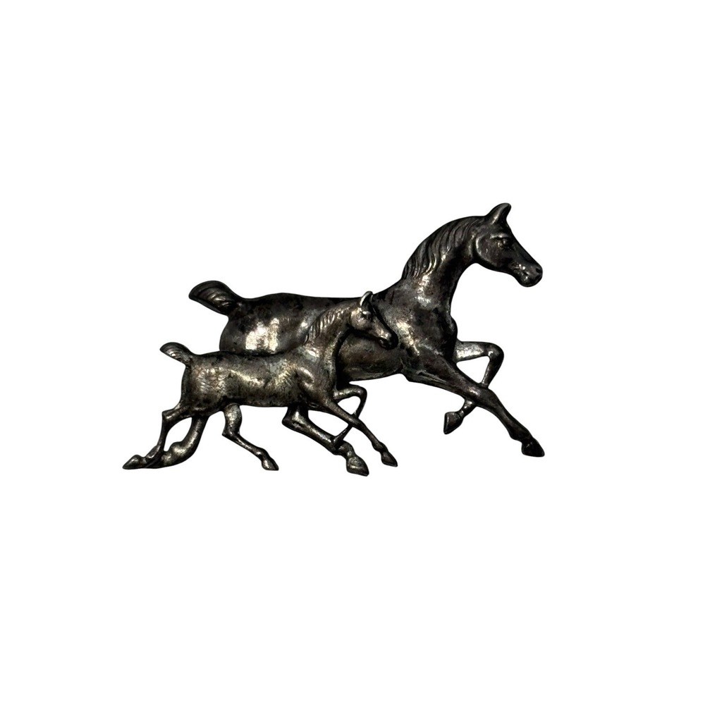 Vintage Sterling Silver 925 Signed Beau Galloping Mother Horse & Foal Brooch Pin